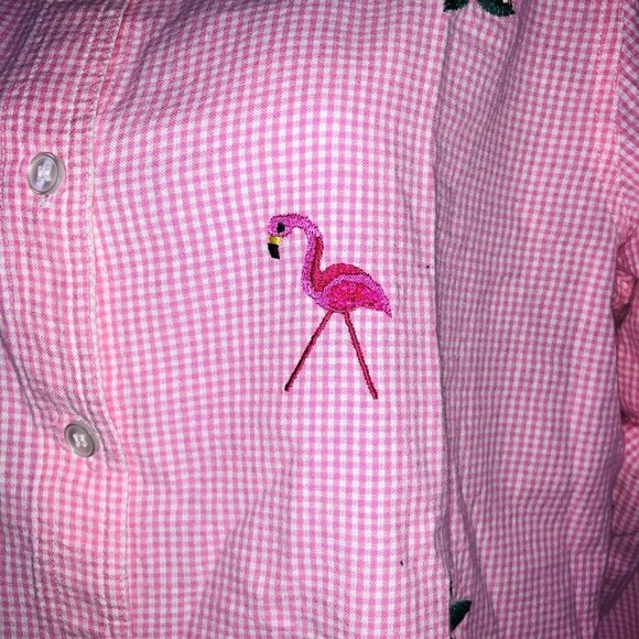 Quaker Factory Womens M Shirt Pink Checkered Flamingo Palm Trees Long Sleeve - Picture 4 of 9